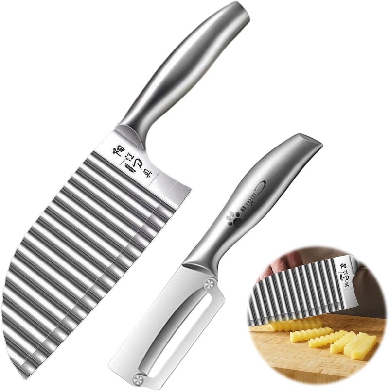 KANGDAWEI Stainless Steel Crinkle Cutter - Wavy Vegetable & Fruit Knife for Crinkle Cut Fries, Pickles, Carrots - Kitchen Gadget for BLW, Potatoes, Watermelon (【A + Peeler】) - Image 1