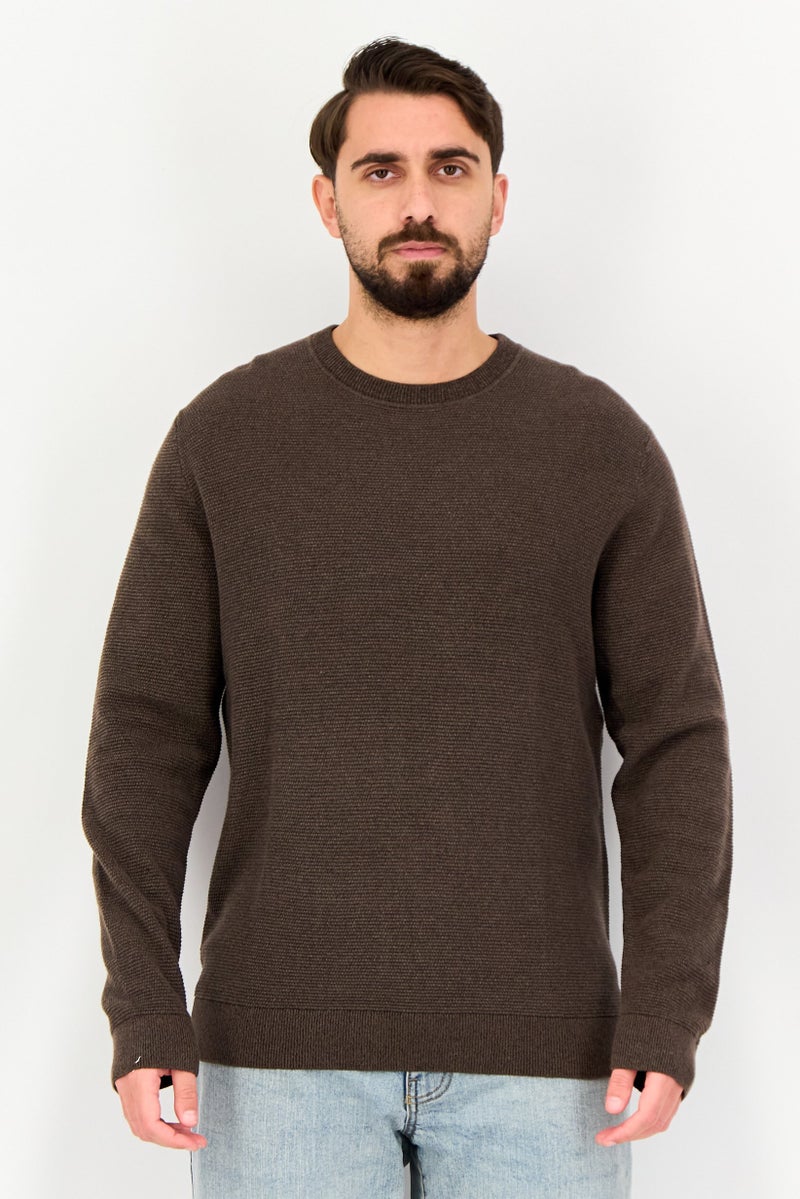 Selected Homme Men Crew Neck Textured Long Sleeve Sweater, Dark Brown - Image 1