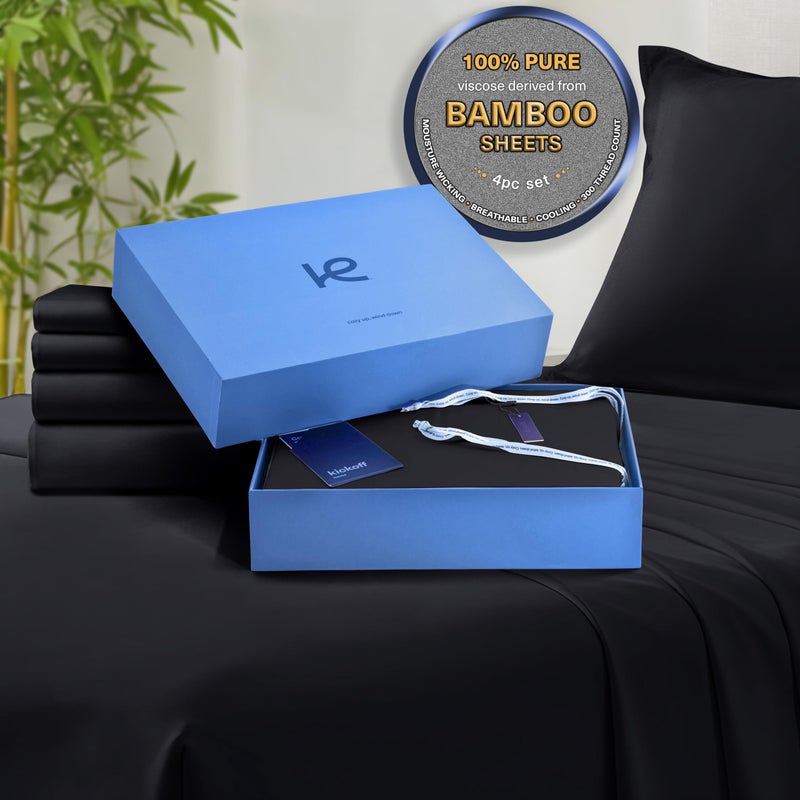 Kickoff Home Kickoff Viscose Bamboo Sheets Queen Size 4-pc 100% Organic Bamboo Viscose Bed Cooling Sheets Queen Size Set Cool Bedding for hot Sleepers Sheet, Flat, Fitted, Pillowcases (Black, Q) - Image 1