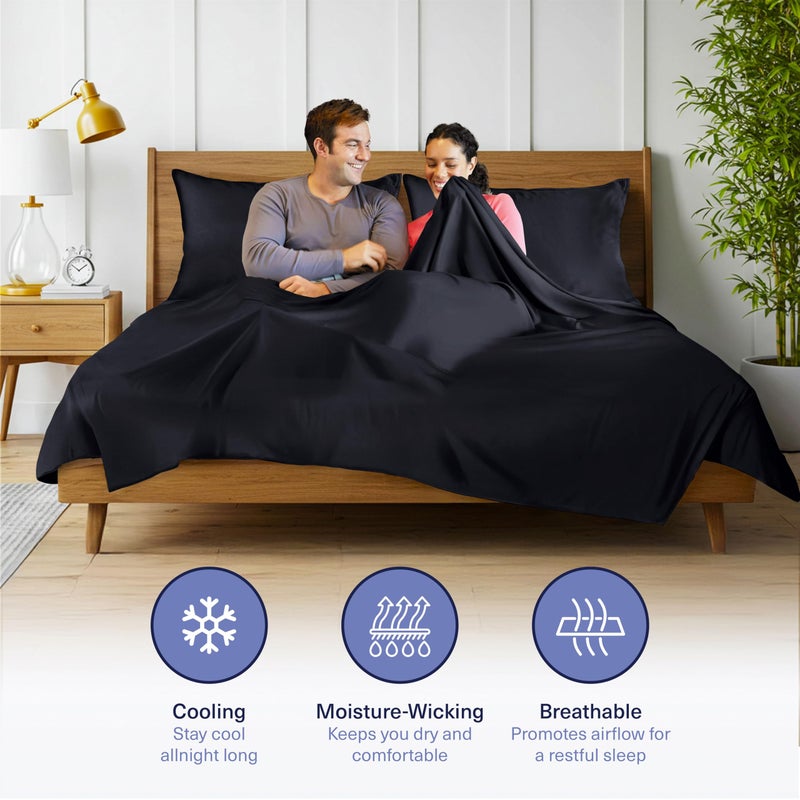 Kickoff Home Kickoff Viscose Bamboo Sheets Queen Size 4-pc 100% Organic Bamboo Viscose Bed Cooling Sheets Queen Size Set Cool Bedding for hot Sleepers Sheet, Flat, Fitted, Pillowcases (Black, Q) - Image 3
