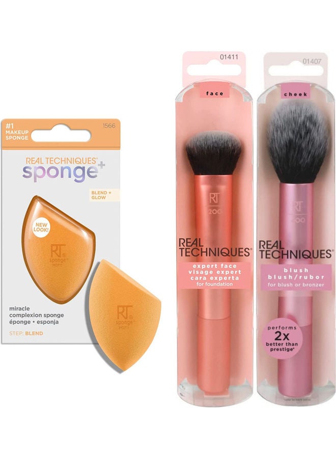 REAL TECHNIQUES Expert Face Professional Foundation Makeup Brush And Ultra Plush Blush Makeup Brush With Miracle Complexion Sponge, Beauty Sponge For Makeup Blending Set of 1407, 1411, 1566 - Image 1