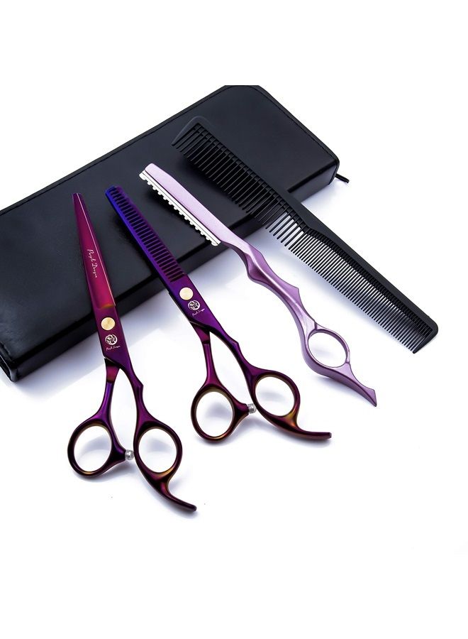 Purple Dragon 6.0 inch Purple Hair Cutting Scissors Set with Razor, Leather Scissors Case, Barber Hair Cutting Shears Hair Thinning/Texturizing Shears for Professional Hairdresser or Home Use - Image 1