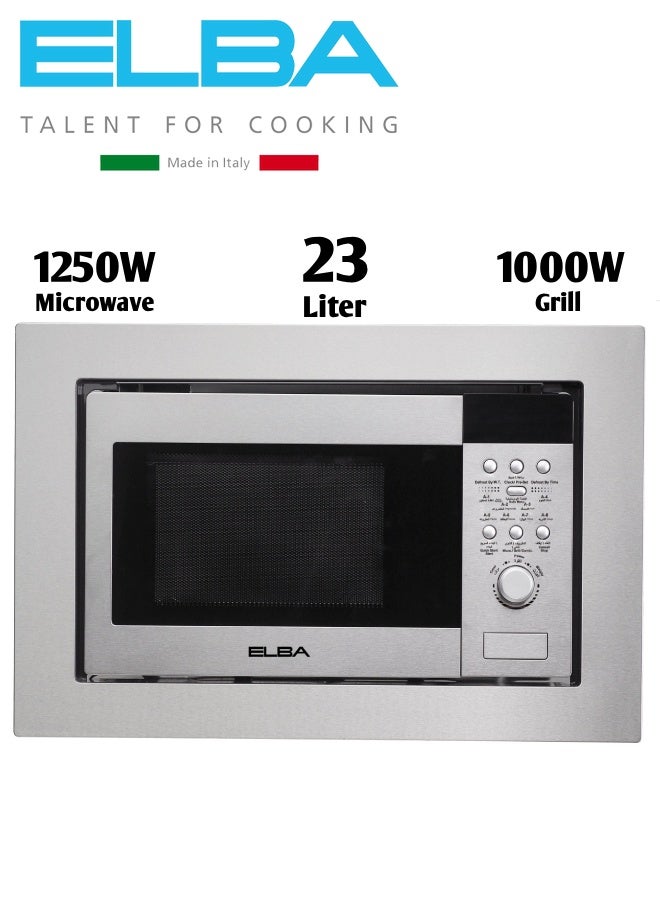 Elba Italian Built-in Microwave - 23 Liters - 8 Cooking Programs - Black Finish Glass with Stainless Steel Front and Enclosure - 2 in 1 (Microwave, Grill) - Microwave Wattage 1250W - Grill Wattage 1000W - Speed-23 AZ