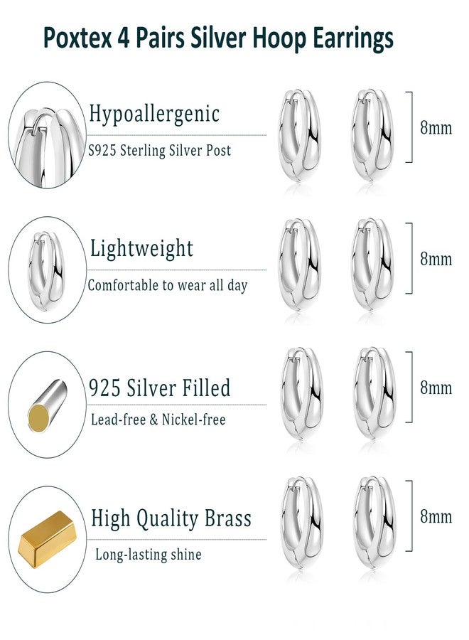 Poxtex Small Sterling Silver Huggie Hoop Earrings Set for Women, 925 Chunky Silver Earrings for Mulpitle Piercing Hypoallergenic Lightweight Trendy Jewelry, Dainty Thick Cartilage Earrings for Women's - Image 3