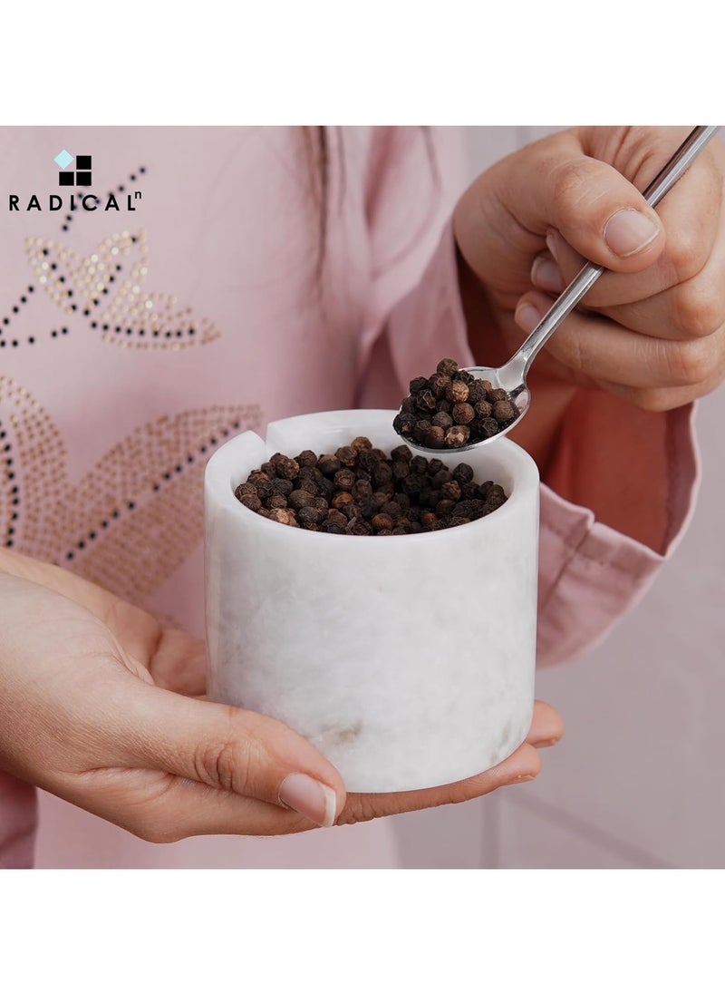 RADICALn Radicaln Marble Salt Cellar With Lid Black and White Handmade Set of 2 Salt and Pepper Bowl Box With Marble Tray - Spice & Salt Storages For Kitchen Rack - Spices Container Set For Home  - Image 3