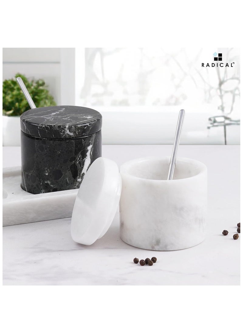 RADICALn Radicaln Marble Salt Cellar With Lid Black and White Handmade Set of 2 Salt and Pepper Bowl Box With Marble Tray - Spice & Salt Storages For Kitchen Rack - Spices Container Set For Home  - Image 2