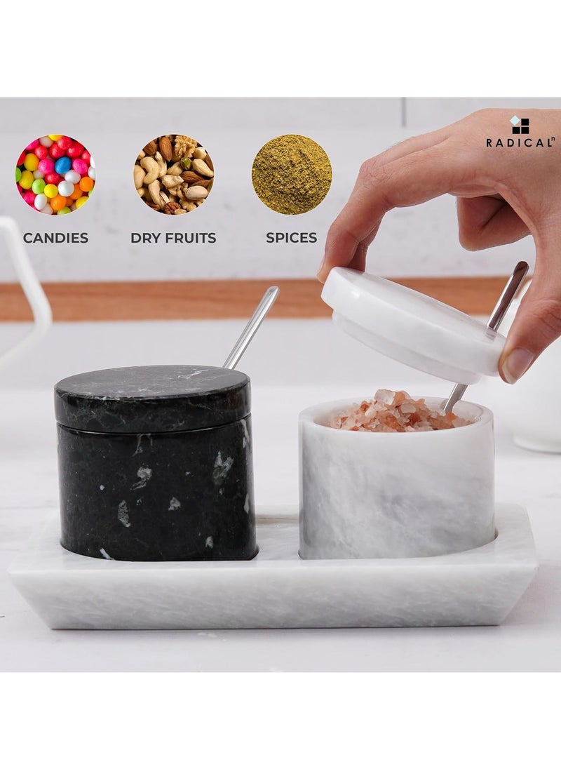RADICALn Radicaln Marble Salt Cellar With Lid Black and White Handmade Set of 2 Salt and Pepper Bowl Box With Marble Tray - Spice & Salt Storages For Kitchen Rack - Spices Container Set For Home  - Image 4