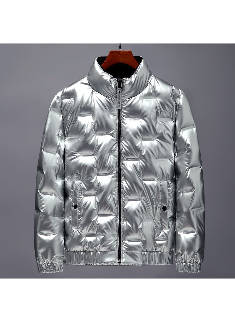 Generic - 2023 Shiny Puffer Jacket Mens Stand Collar Light Silver Gray - Image 1