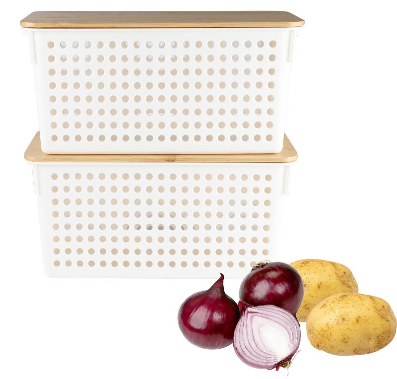 Xbopetda 2 Set Pantry Organizer and Storage, Plastic Potato and Onion Storage with Wooden Lid, Stackable Potato Storage Onion Holder, Kitchen Pantry Baskets for Onion Potato Fruit Produce Vegetable - Image 1