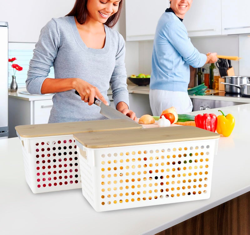 Xbopetda 2 Set Pantry Organizer and Storage, Plastic Potato and Onion Storage with Wooden Lid, Stackable Potato Storage Onion Holder, Kitchen Pantry Baskets for Onion Potato Fruit Produce Vegetable - Image 5