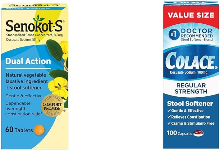 SenokotS Dual Action 60 Tablets Natural Vegetable Laxative Ingredient Plus Stool Softener Tablets  Colace Regular Strength Stool Softener 100 mg Capsules 100 Count Docusate Sodium StimulantFree - Image 1