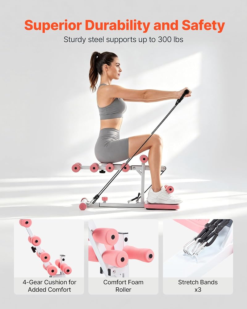 VEVOR Deep Squat Machine, Adjustable Glutes Trainer Machine with 3 High-Strength Resistance Bands, Folding Core Leg and Glutes Exercise Trainer, Push Up Workout Equipment at Home Gym, Pink + White - Image 3