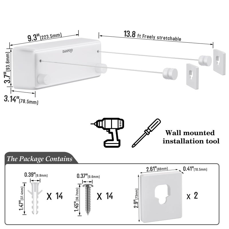 Danpoo Retractable Clothesline, 2x13.8ft Stainless Steel Clothes Line for Indoors/Outdoors, Wall-Mounted Laundry Drying with Auto-Lock, Heavy Duty(White) - Image 5