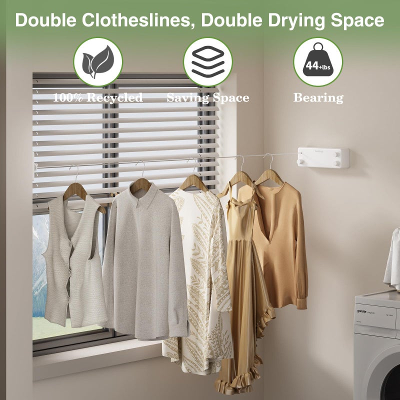 Danpoo Retractable Clothesline, 2x13.8ft Stainless Steel Clothes Line for Indoors/Outdoors, Wall-Mounted Laundry Drying with Auto-Lock, Heavy Duty(White) - Image 2