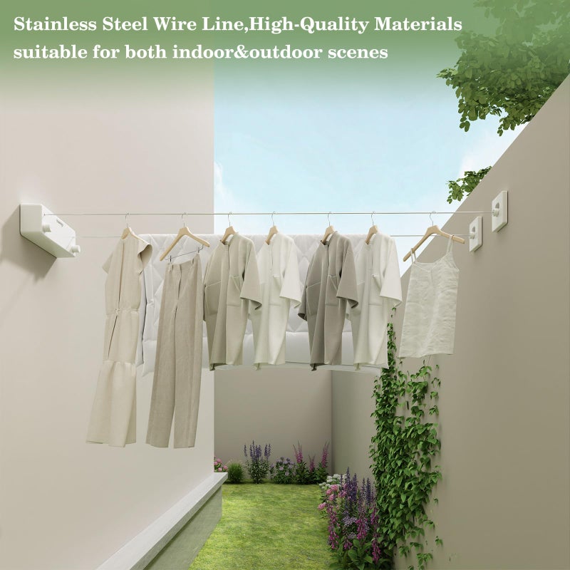 Danpoo Retractable Clothesline, 2x13.8ft Stainless Steel Clothes Line for Indoors/Outdoors, Wall-Mounted Laundry Drying with Auto-Lock, Heavy Duty(White) - Image 3