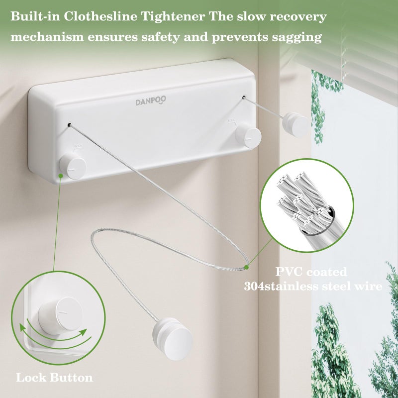 Danpoo Retractable Clothesline, 2x13.8ft Stainless Steel Clothes Line for Indoors/Outdoors, Wall-Mounted Laundry Drying with Auto-Lock, Heavy Duty(White) - Image 4