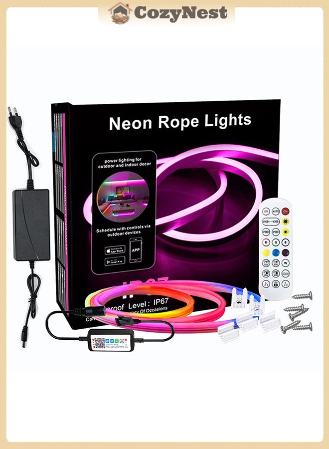 CozyNest RGB Silicone Neon Light Strip 5m Flexible Bluetooth Remote Sound Control Multiple Color Modes Running Water Effect Ambient Lighting for Bedroom Living Room Party Decor - Image 1