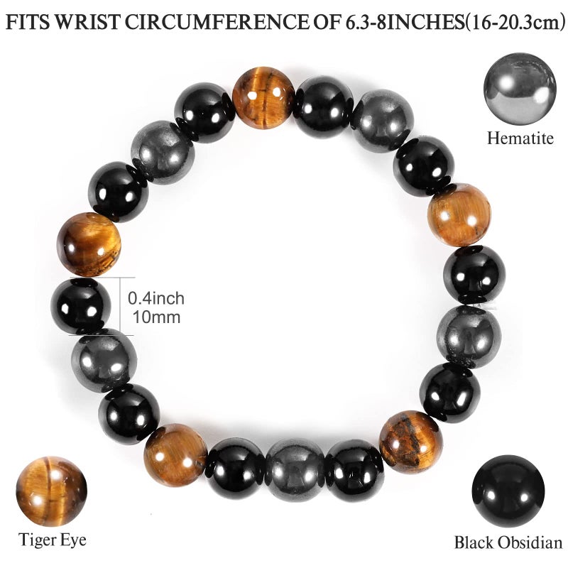 Denchy Triple Protection Bracelet, Tigers Eye - Black Obsidian and Hematite Beaded Bracelets for Men Women, Tourmaline Spiritual Natural Crystal Stone Luck Bracelet, Birthday Mother's Day Gift (10mm - Image 2