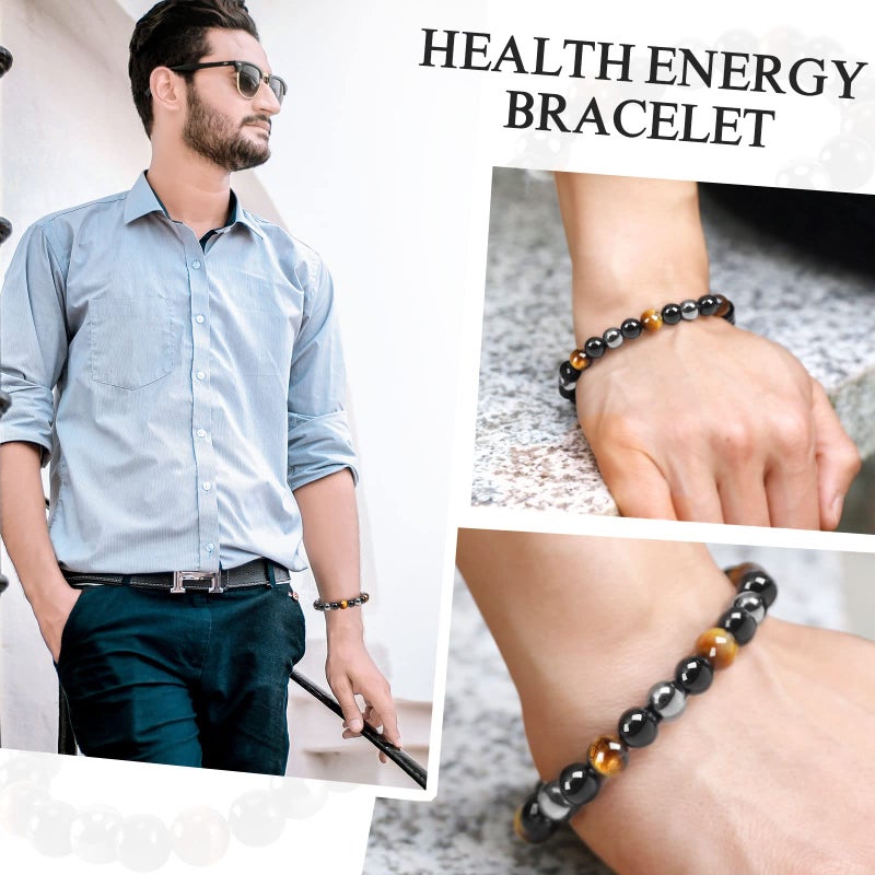 Denchy Triple Protection Bracelet, Tigers Eye - Black Obsidian and Hematite Beaded Bracelets for Men Women, Tourmaline Spiritual Natural Crystal Stone Luck Bracelet, Birthday Mother's Day Gift (10mm - Image 4