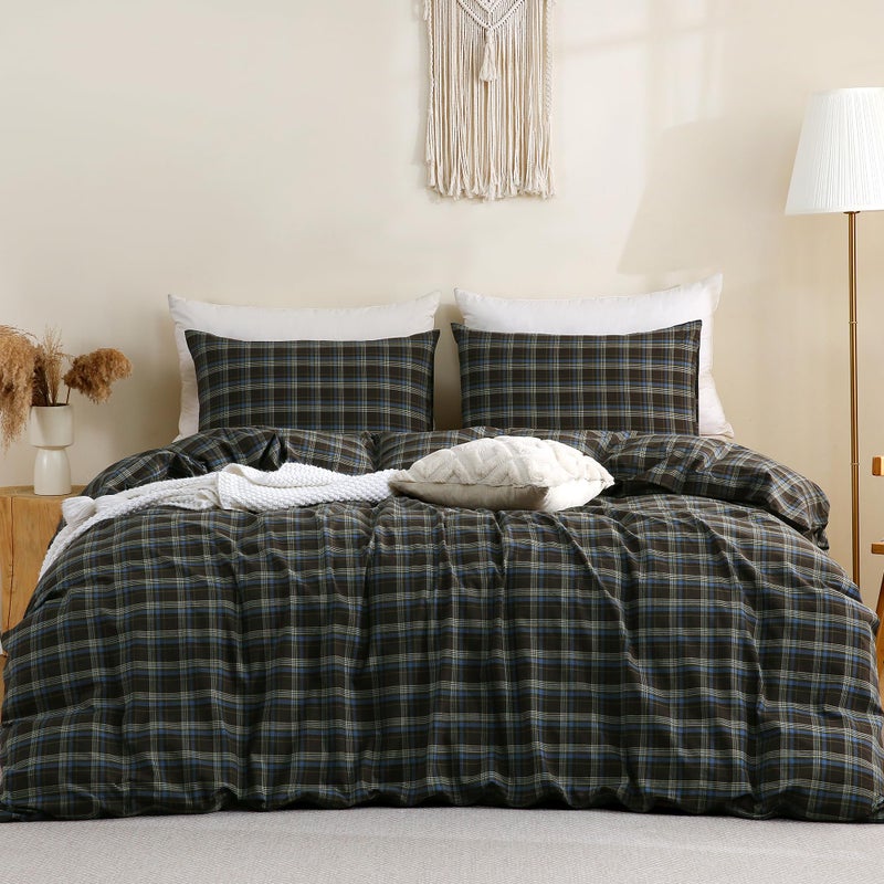 TOCOMOA Buffalo Plaid Duvet Cover Set 100% Washed Cotton Like Linen Feel Super Soft Comfy 3 Piece Brown Blue Gingham Checkered Bedding Comforter Cover Set (King 104"x90", Comforter Not Included) - Image 3