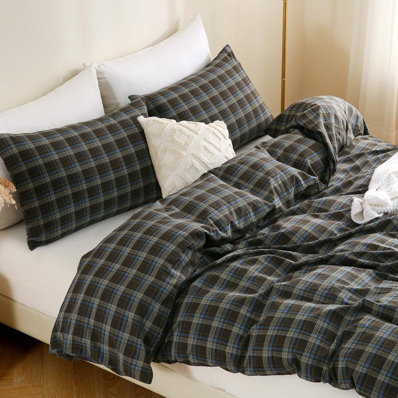 TOCOMOA Buffalo Plaid Duvet Cover Set 100% Washed Cotton Like Linen Feel Super Soft Comfy 3 Piece Brown Blue Gingham Checkered Bedding Comforter Cover Set (King 104"x90", Comforter Not Included) - Image 4