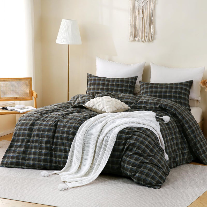 TOCOMOA Buffalo Plaid Duvet Cover Set 100% Washed Cotton Like Linen Feel Super Soft Comfy 3 Piece Brown Blue Gingham Checkered Bedding Comforter Cover Set (King 104"x90", Comforter Not Included) - Image 2