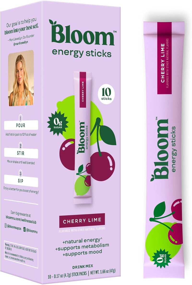 Bloom Nutrition باكيتات مسحوق مشروب الطاقة من بلوم نيوترشن بنكهة الكرز والليمون - خالي من السكر، كافيين طبيعي، 10 أعواد - Image 1