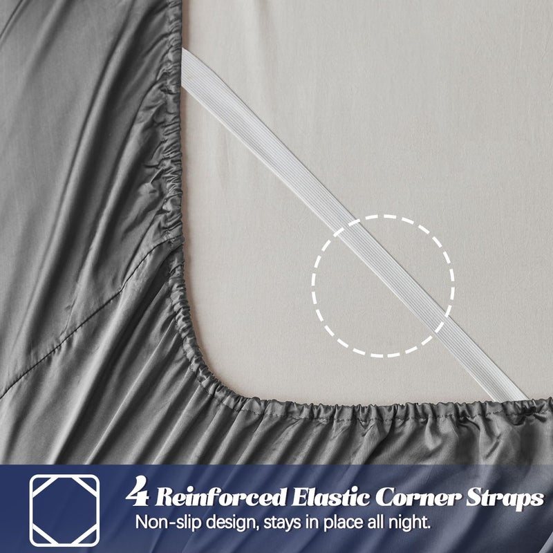 MR&HM MR&HM Satin Fitted Sheet Twin XL Size  Silky Bottom Sheet with Elastic Corner Straps  Deep Pocket up to 15 Inch  No More Slipping Off for Mattress - 1 Fitted Sheet Only (Dark Grey)  - Image 3