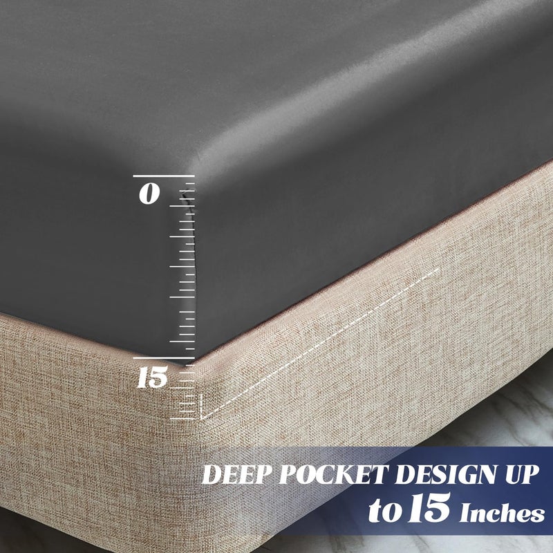 MR&HM MR&HM Satin Fitted Sheet Twin XL Size  Silky Bottom Sheet with Elastic Corner Straps  Deep Pocket up to 15 Inch  No More Slipping Off for Mattress - 1 Fitted Sheet Only (Dark Grey)  - Image 4