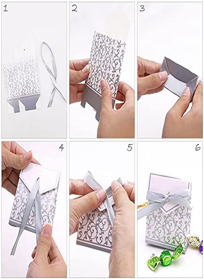 KUPOO 50PCS Candy Boxes,Silver Ribbon Wedding Favor Boxes Candy Bag Cake Box for Wedding Party Decoration Easter (silver) - Image 5