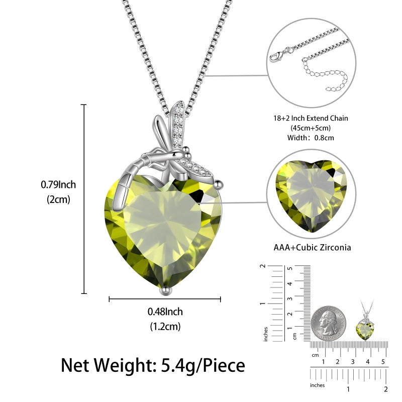 Juwaliy Dragonfly Necklace Heart August Birthstone Necklace Peridot Green CZ 925 Sterling Silver Pendant Jewelry Women Birthday Christmas Mother's Day Gift - Image 2