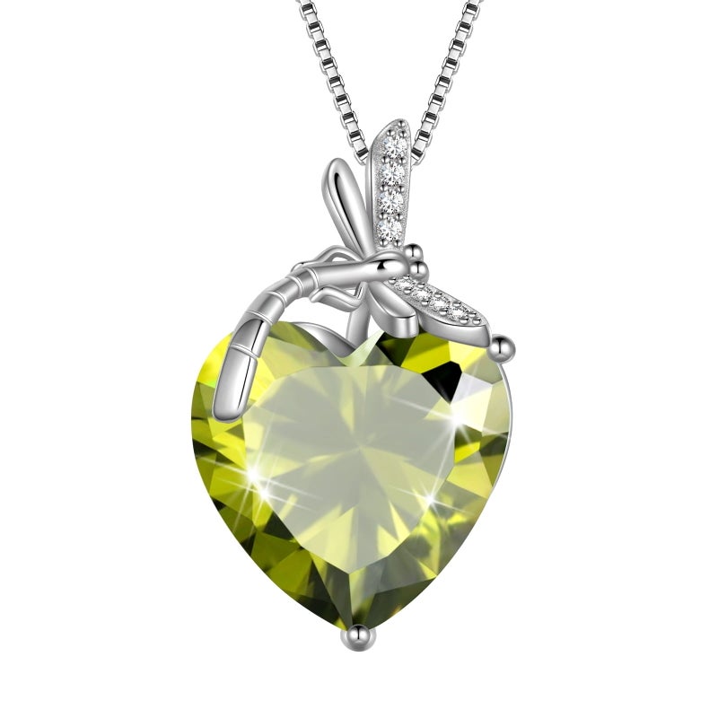 Juwaliy Dragonfly Necklace Heart August Birthstone Necklace Peridot Green CZ 925 Sterling Silver Pendant Jewelry Women Birthday Christmas Mother's Day Gift - Image 1