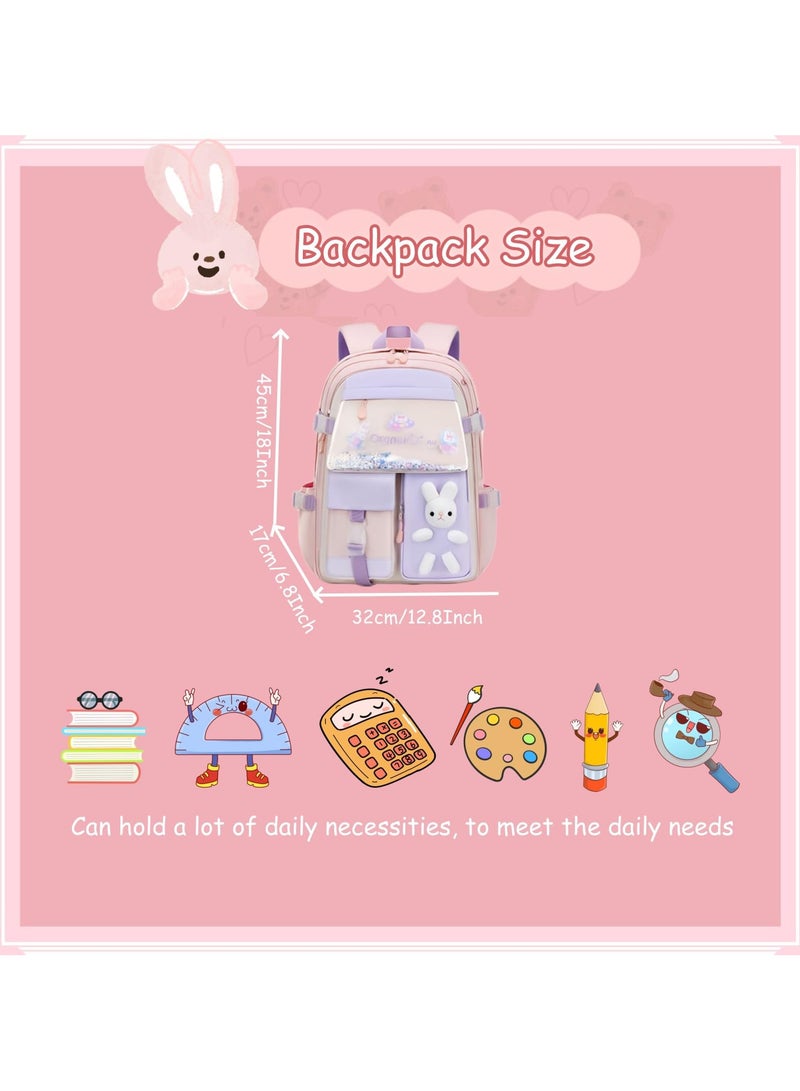 Ayshaly Bunny School Backpack for Girls and Students, 180-Degree Opening Large Capacity Waterproof Oxford Bookbag with Ergonomic Straps - Image 2