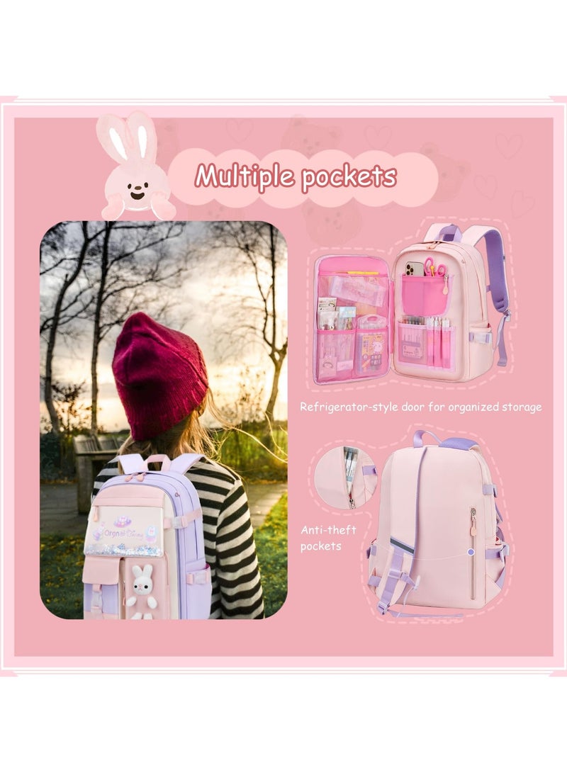 Ayshaly Bunny School Backpack for Girls and Students, 180-Degree Opening Large Capacity Waterproof Oxford Bookbag with Ergonomic Straps - Image 3