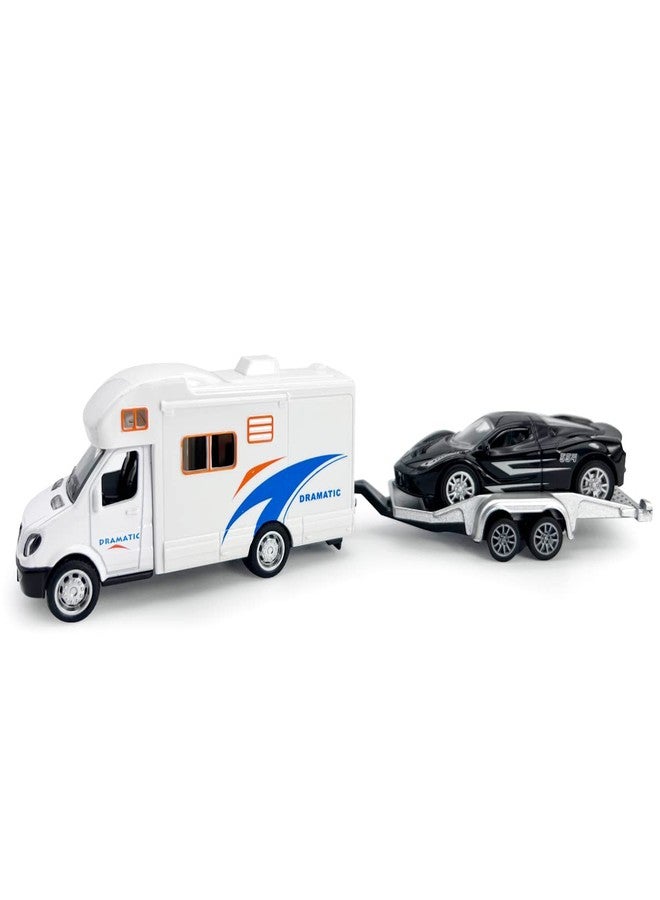 Metanyl Toy Camper RV Trailer Towing Supercar Sports Model Car Diecast Motorhome Toys for Boys Pull Back Toy Cars, Beach Sandbox Outdoor Adventure Play Set, 3 4 5 6 Years Old Kids Toddlers Gifts, White - Image 1