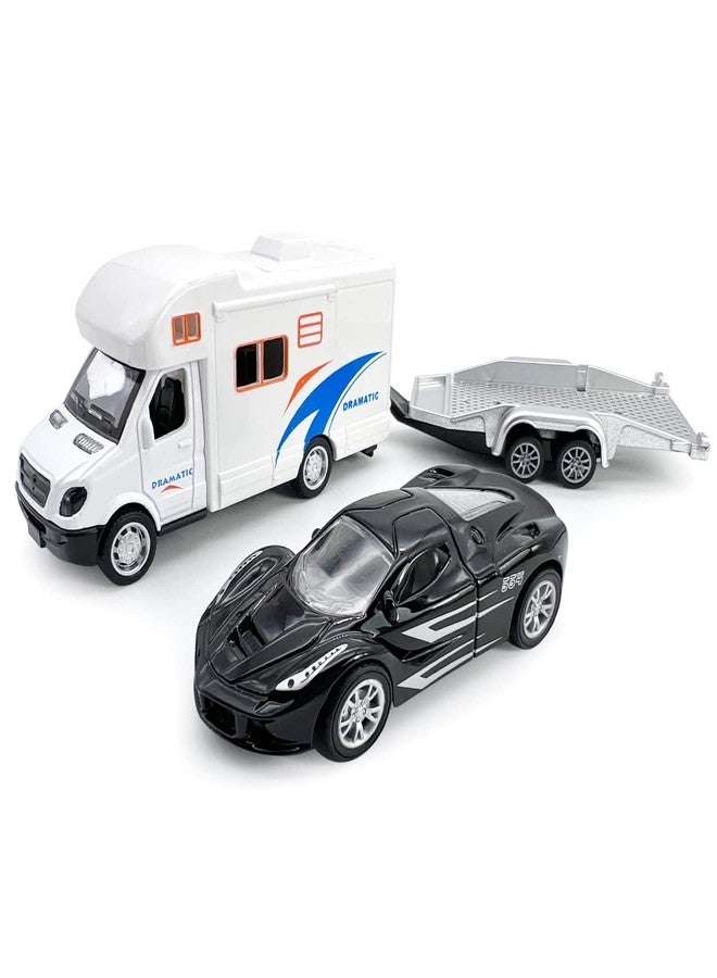Metanyl Toy Camper RV Trailer Towing Supercar Sports Model Car Diecast Motorhome Toys for Boys Pull Back Toy Cars, Beach Sandbox Outdoor Adventure Play Set, 3 4 5 6 Years Old Kids Toddlers Gifts, White - Image 4