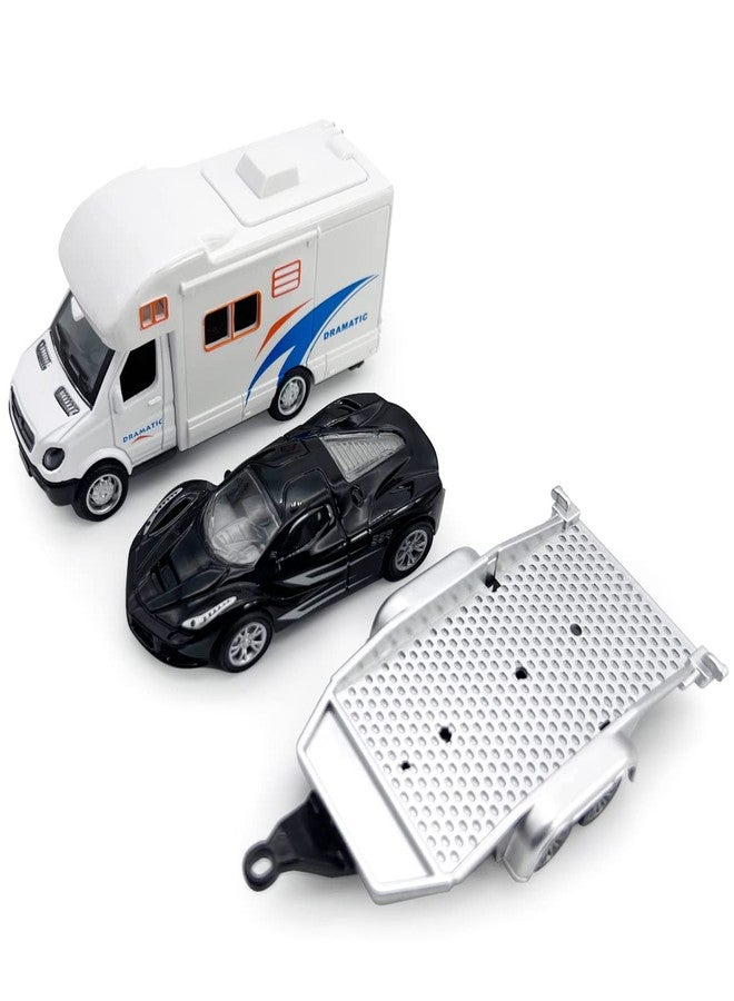 Metanyl Toy Camper RV Trailer Towing Supercar Sports Model Car Diecast Motorhome Toys for Boys Pull Back Toy Cars, Beach Sandbox Outdoor Adventure Play Set, 3 4 5 6 Years Old Kids Toddlers Gifts, White - Image 5