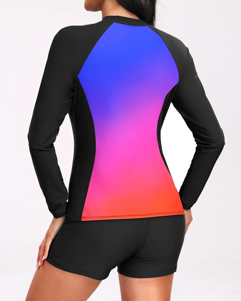 Holipick Colorful Gradient Long Sleeve Swimsuits for Women - 3 Piece Rash Guard with Shorts Zipper SPF Swim Shirt with Built in Bra M - Image 5