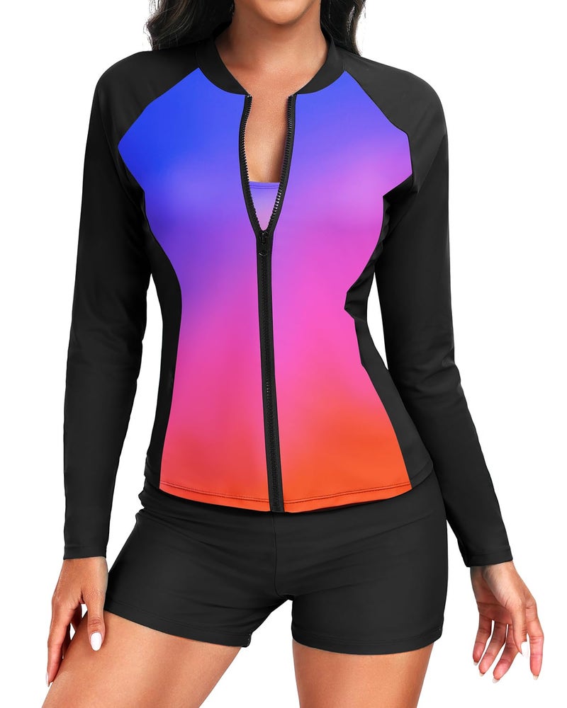 Holipick Colorful Gradient Long Sleeve Swimsuits for Women - 3 Piece Rash Guard with Shorts Zipper SPF Swim Shirt with Built in Bra M - Image 4
