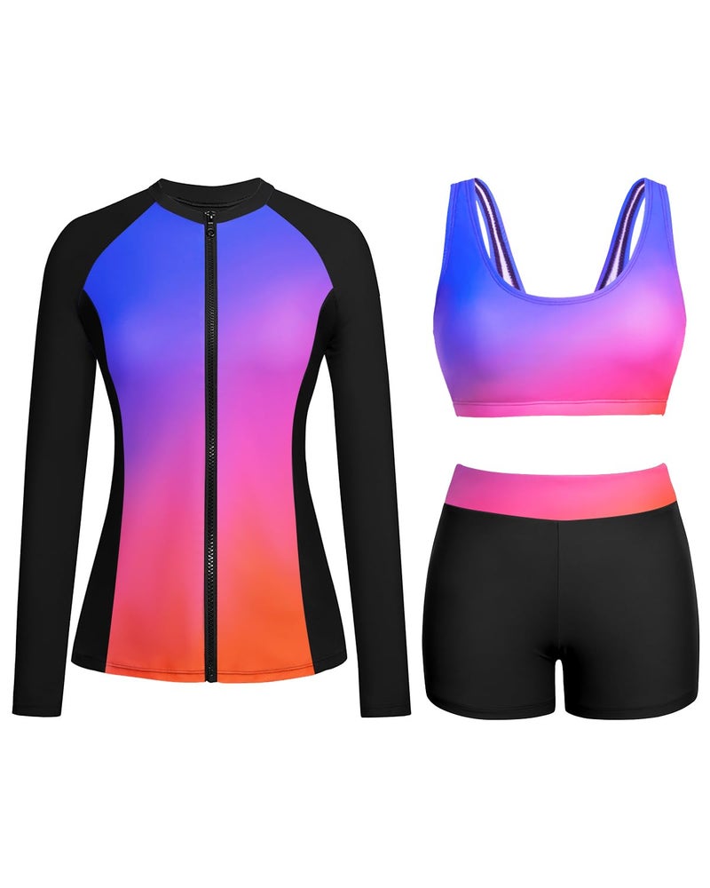 Holipick Colorful Gradient Long Sleeve Swimsuits for Women - 3 Piece Rash Guard with Shorts Zipper SPF Swim Shirt with Built in Bra M - Image 1