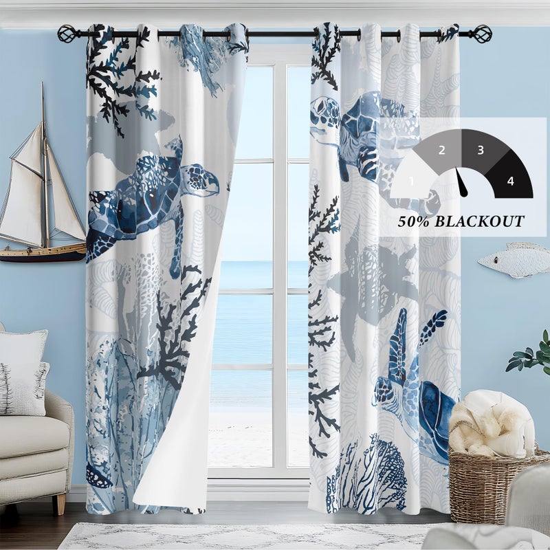 weesire Nautical Coastal Curtains Decorative Beach Ocean Sea Turtle Coral 50% Light Blocking Sea Darkening Grommet Curtain For Villa Living Room  Bedroom Navy Blue and White 2 Panels Set  52x63 Inches - Image 2
