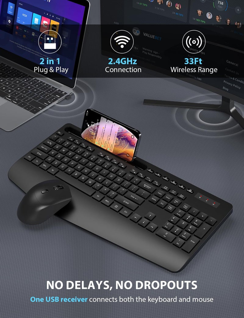 Trueque Wireless Keyboard and Mouse Combo - Full-Sized Ergonomic Keyboard with Wrist Rest, Phone Holder, Sleep Mode, 2.4G Quiet Keyboard for PC Laptop, Complete Work Setup for Office or Home -Trueque KM23 - Image 4