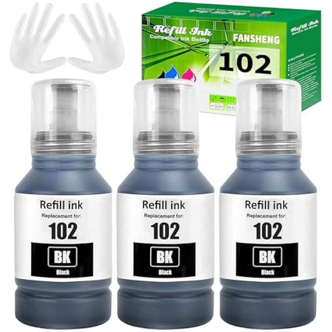 102 INK COMPATIBLE WITH EPSON 102 INK REFILL BOTTLES FOR ECOTANK ET-2850 ET-4850 ET-2856 ET-3850 ET-15000 ET-2750 ET-2751 ET-2700 ET-3700 ET-3750 ET-4750 ET-4856 ET-2756 (3 PACK, BLACK X 3) - Image 1