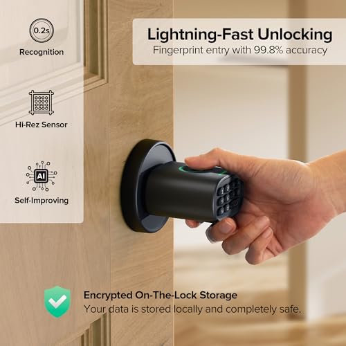 ThorBolt Fingerprint Door Knob, Keyless Door Knob with Keypad Biometric Electronic Thumbprint, Auto-Lock for Interior Doors for Bedroom, Home, Office, Garage, 4xAA Alkaline (NOT Included), MD1 Black - Image 3