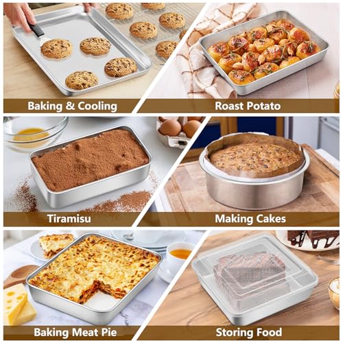 P&P CHEF Stainless Steel Bakeware Set, 12-Piece Kitchen Baking Pans Set, Baking Sheet with Rack, Square Cake Pan with Lid, Lasagna Pan, Loaf Pan, Muffin Pan, Pizza Tray & 2 Covers, Easily Clean - Image 5