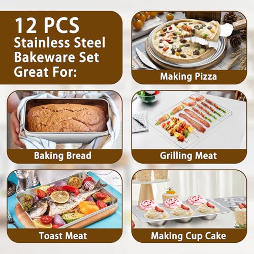 P&P CHEF Stainless Steel Bakeware Set, 12-Piece Kitchen Baking Pans Set, Baking Sheet with Rack, Square Cake Pan with Lid, Lasagna Pan, Loaf Pan, Muffin Pan, Pizza Tray & 2 Covers, Easily Clean - Image 4