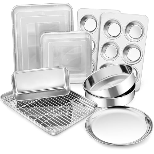 P&P CHEF Stainless Steel Bakeware Set, 12-Piece Kitchen Baking Pans Set, Baking Sheet with Rack, Square Cake Pan with Lid, Lasagna Pan, Loaf Pan, Muffin Pan, Pizza Tray & 2 Covers, Easily Clean - Image 1