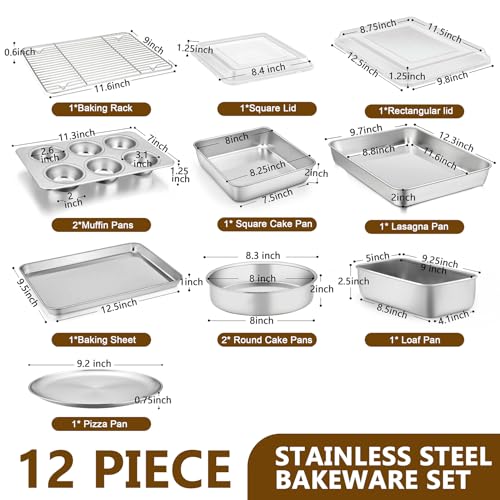 P&P CHEF Stainless Steel Bakeware Set, 12-Piece Kitchen Baking Pans Set, Baking Sheet with Rack, Square Cake Pan with Lid, Lasagna Pan, Loaf Pan, Muffin Pan, Pizza Tray & 2 Covers, Easily Clean - Image 2