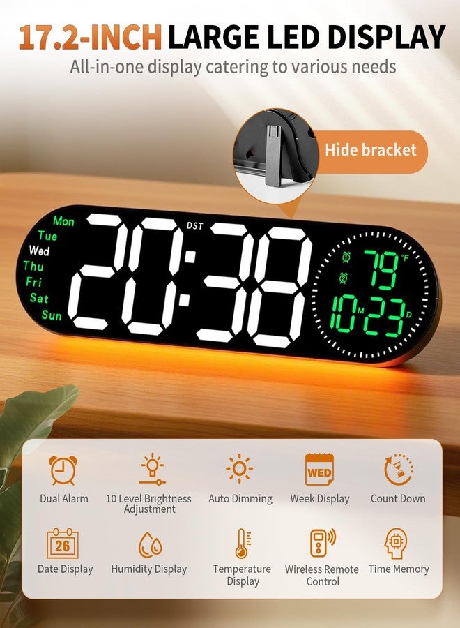 ساعة حائط رقمية كبيرة من GLOKUUCA مقاس 17.2 بوصة مع جهاز تحكم عن بعد بتسع ألوان متغيرة، تعرض التاريخ واليوم ودرجة الحرارة، وميزة التعتيم التلقائي للسطوع، وإضاءة ليلية كبيرة، لون أخضر. - Image 2