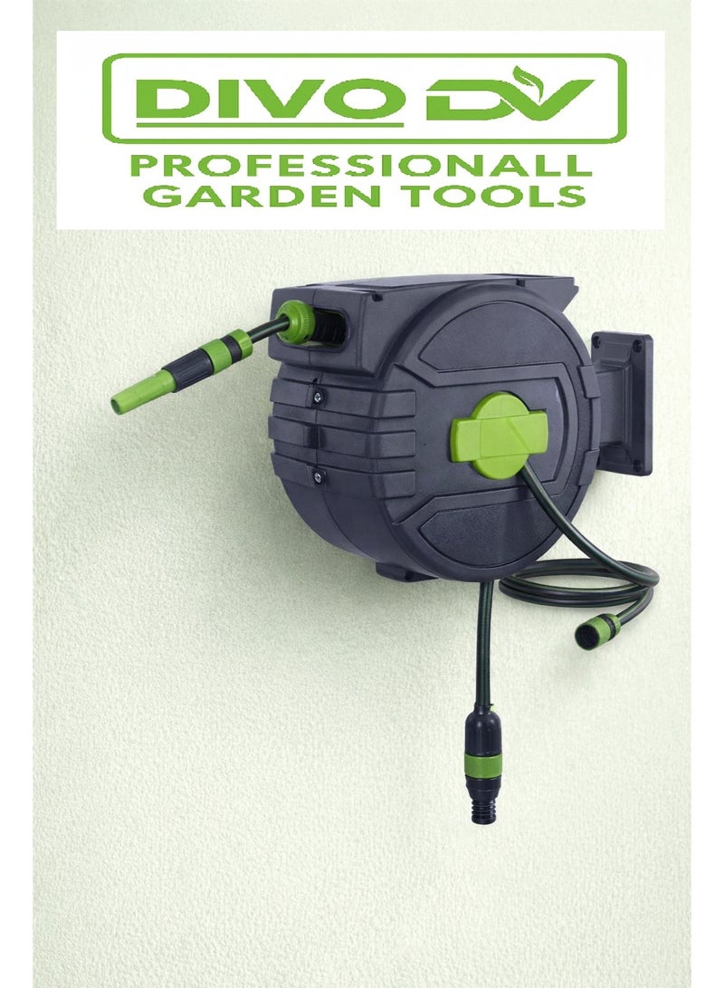 ديفو بكرة خرطوم ماء جداري أوتوماتيكية للحديقة مزودة بقفل طول فوري وإرجاع تلقائي – جودة احترافية – دوران ‎180°‎ – طول 15 متر + خرطوم تغذية – موديل DIVO – براند DVO714-1 - Image 1